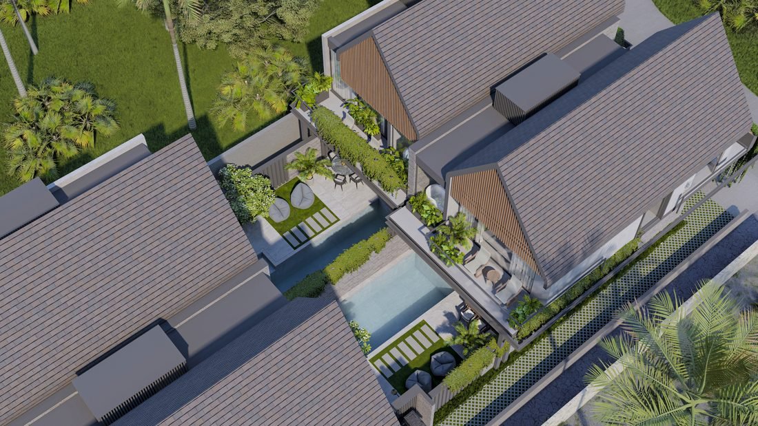 Top-down architectural render of the Four Palms courtyards and pools