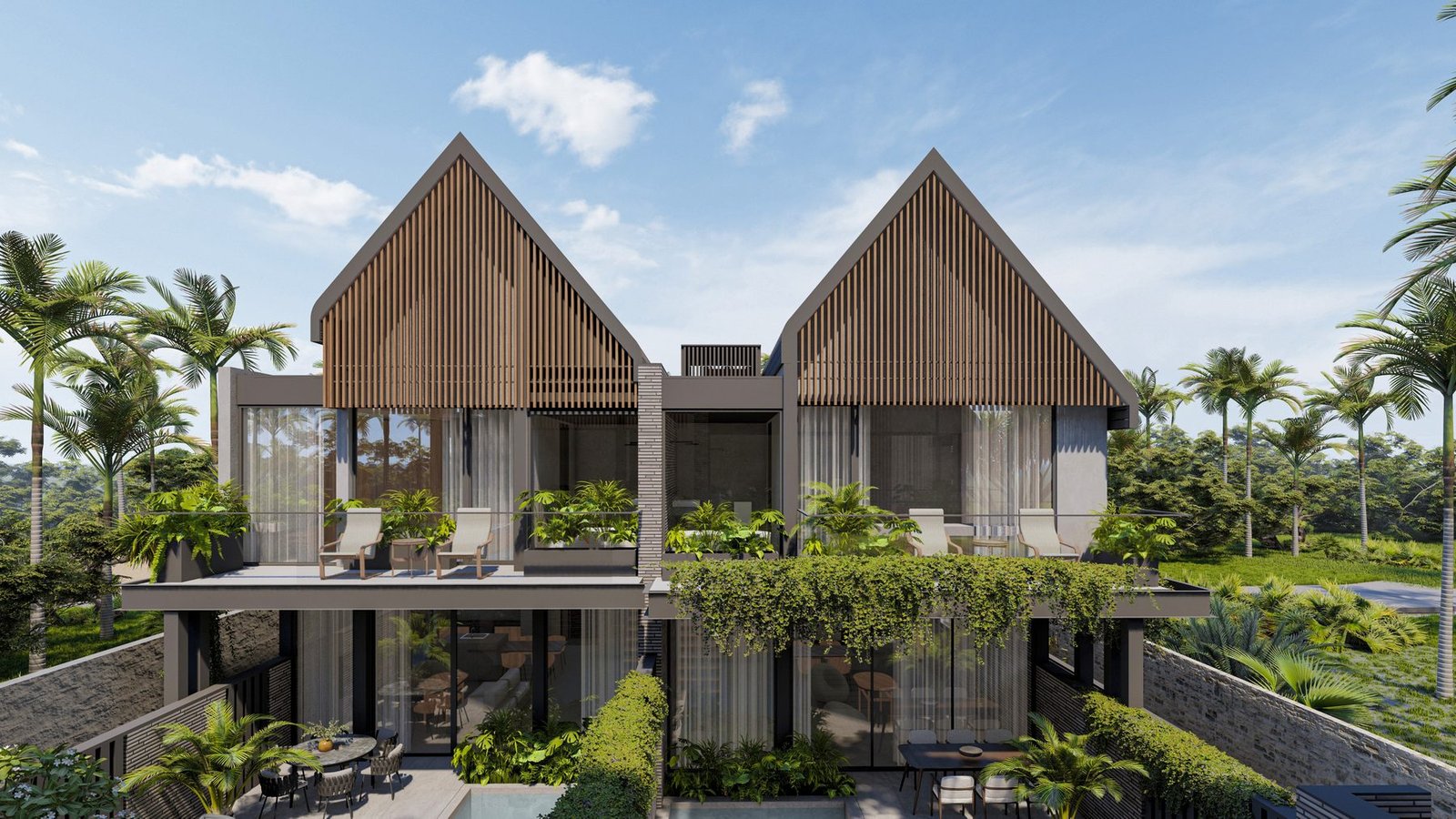 Architectural render of the four villas at Four Palms, Kedungu, seen from the access road with planting along the facades