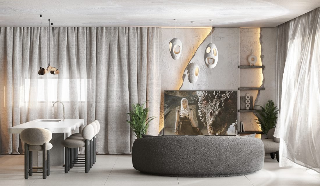 Render of the living area in Villa 1