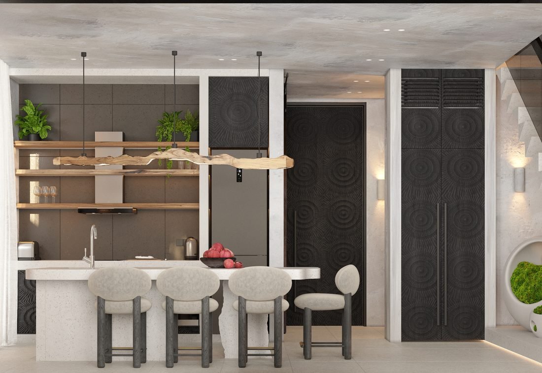 Render of the equipped kitchen in Villa 2