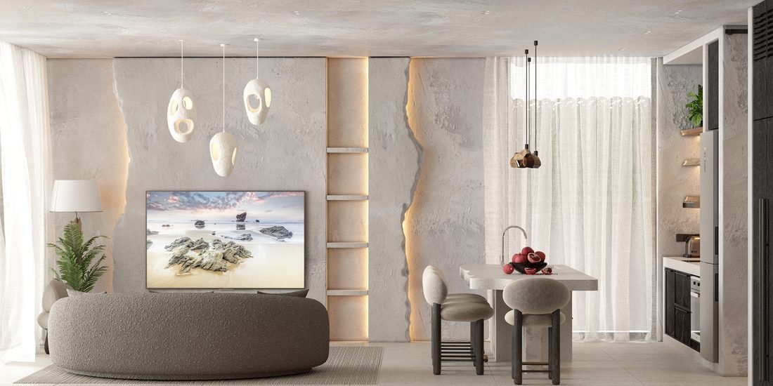 Render of the living area in Villa 2