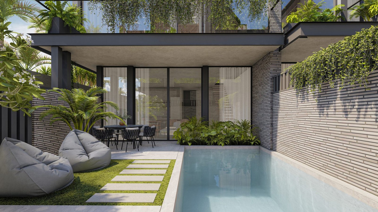 Render of the private pool, terrace and facade at Villa 2, Four Palms