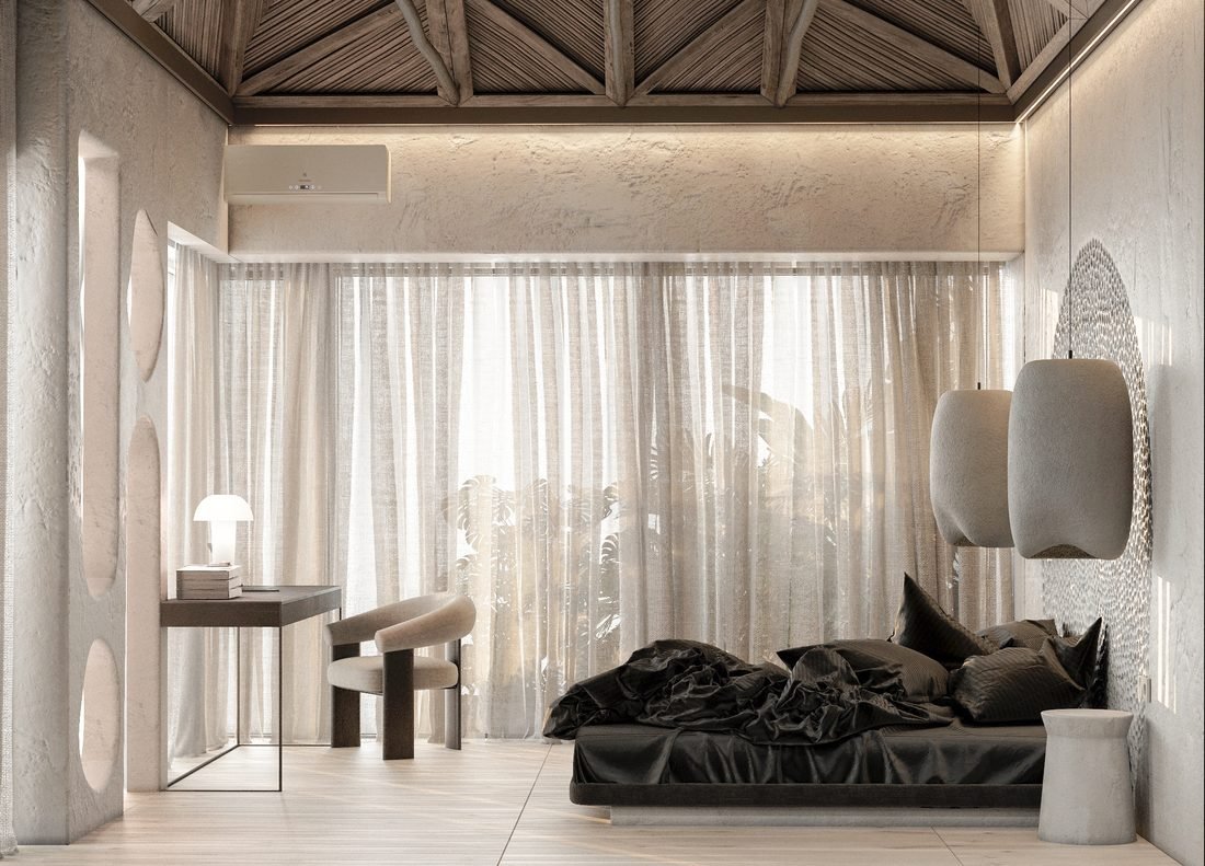 Render of an ensuite bedroom in Villa 3