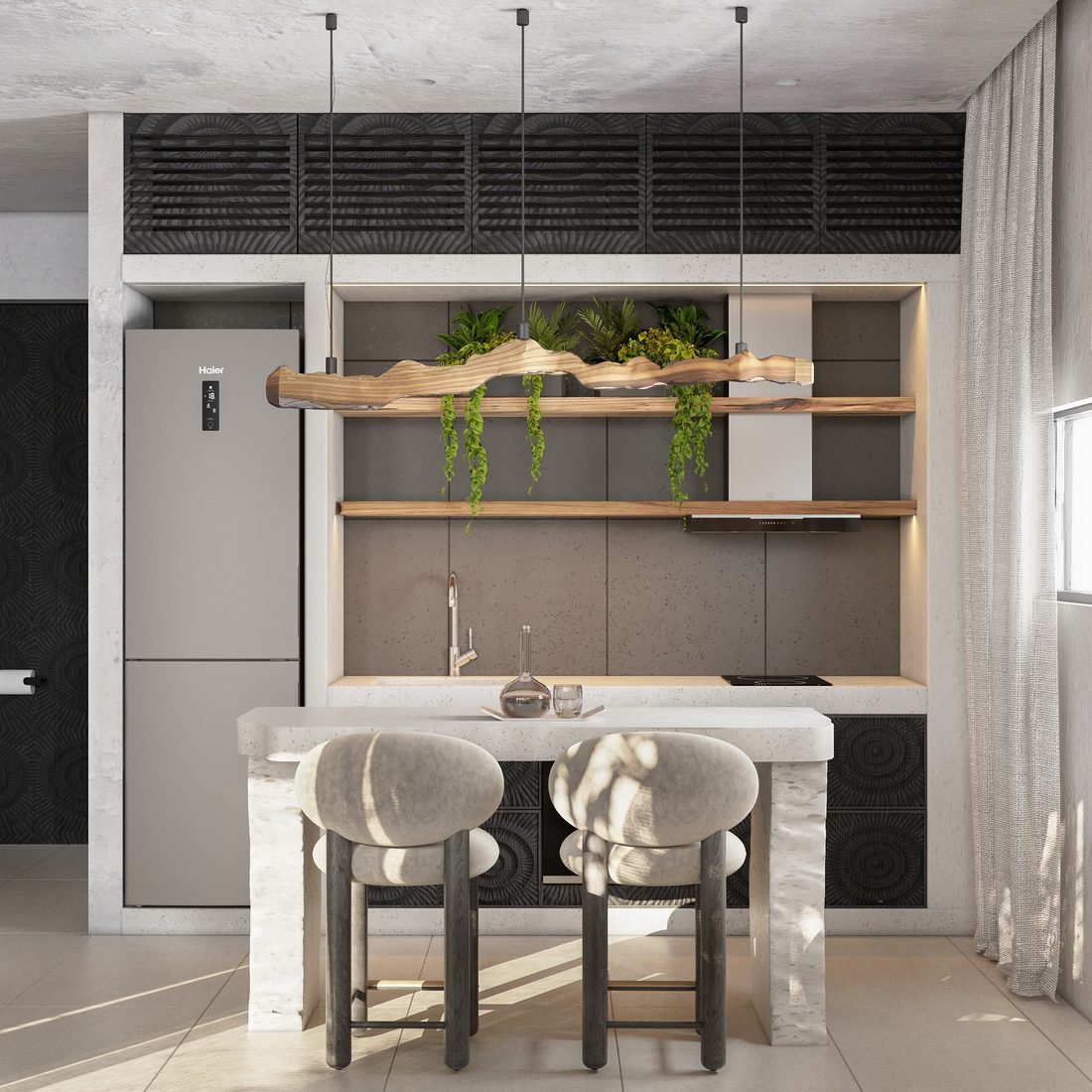 Render of the equipped kitchen in Villa 3