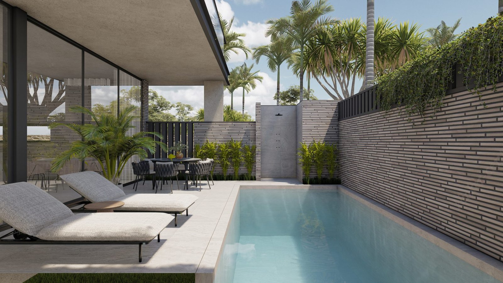 Render of the private pool, terrace and facade at Villa 3, Four Palms