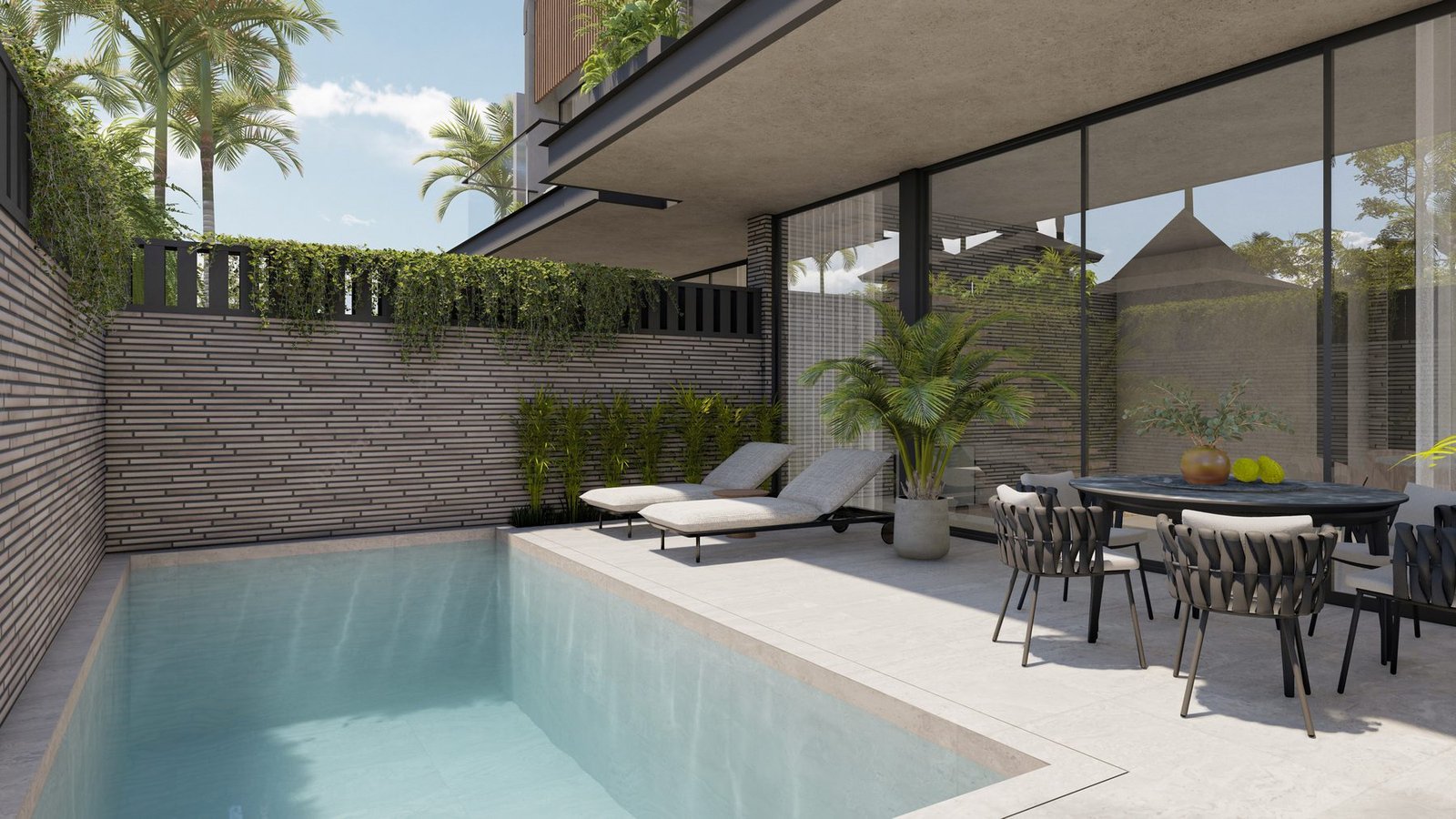 Render of the private pool and courtyard at Villa 3, Four Palms