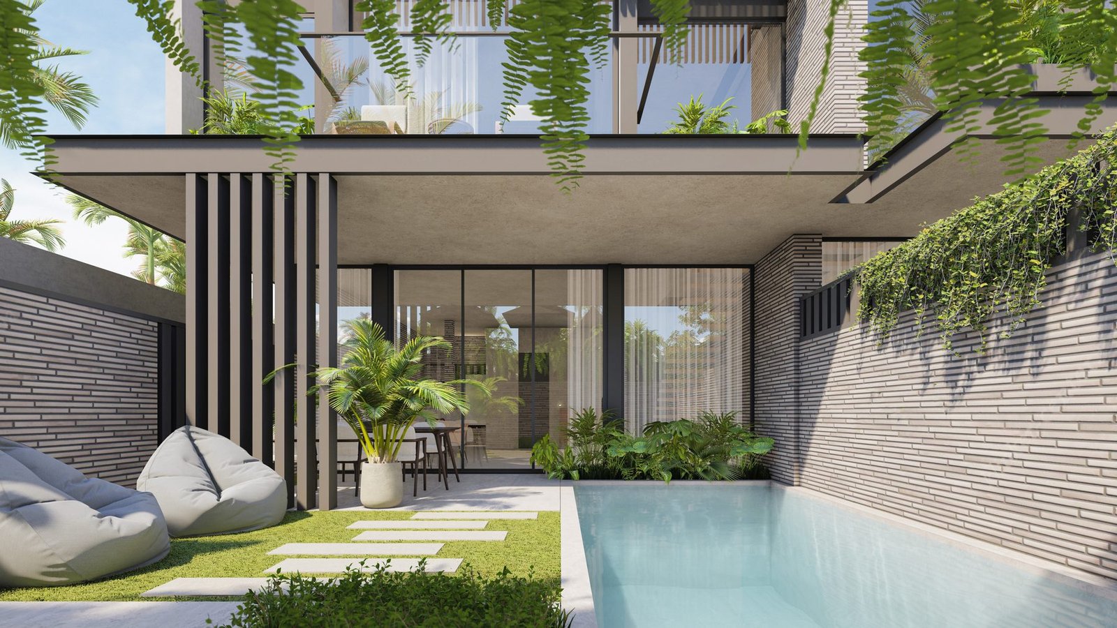 Render of the private pool, terrace and facade at Villa 4, Four Palms