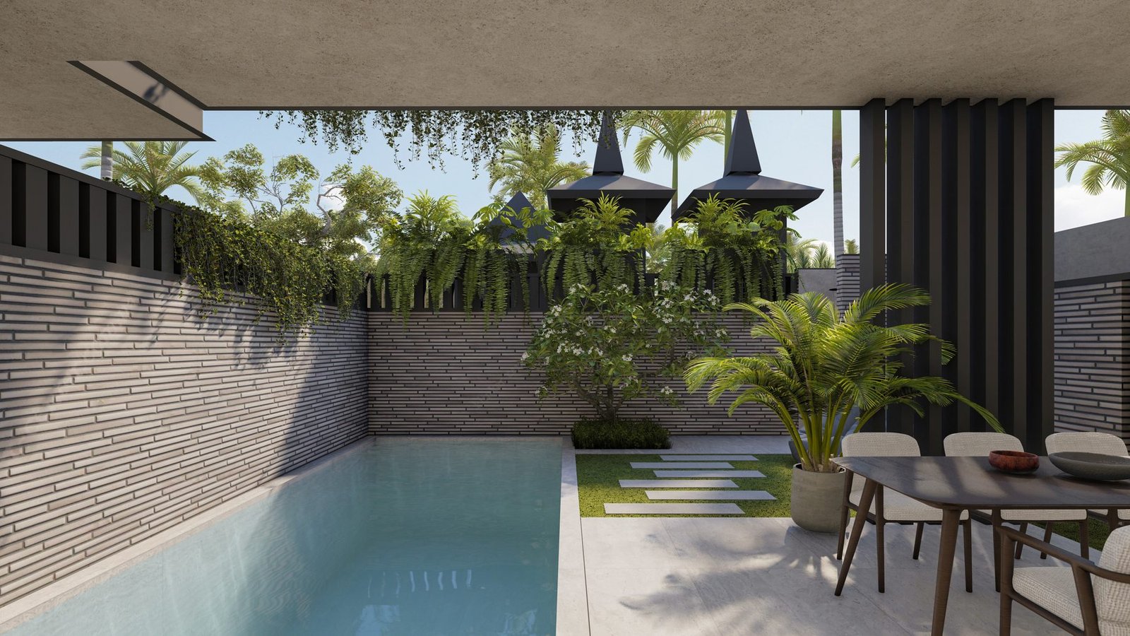 Render of the private pool and courtyard at Villa 4, Four Palms